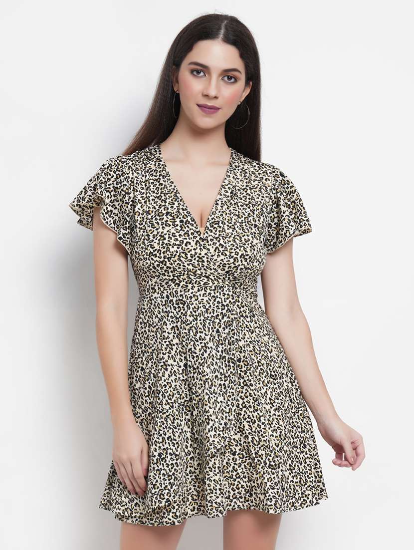 women animal print ruffled sleeves layered dress