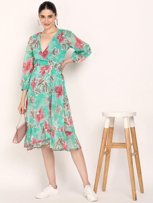 women floral print overlap neck tiered dress - 21725867 - Standard Image - 0