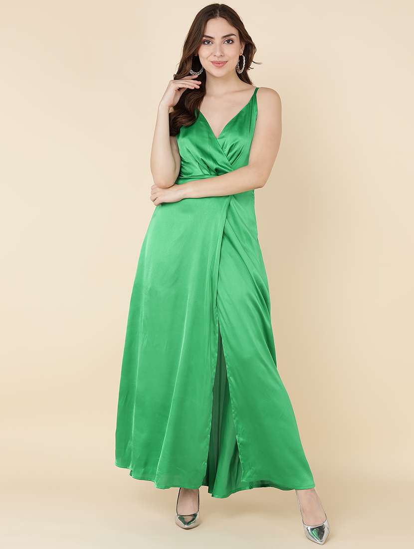 women solid sleeveless high slit dress