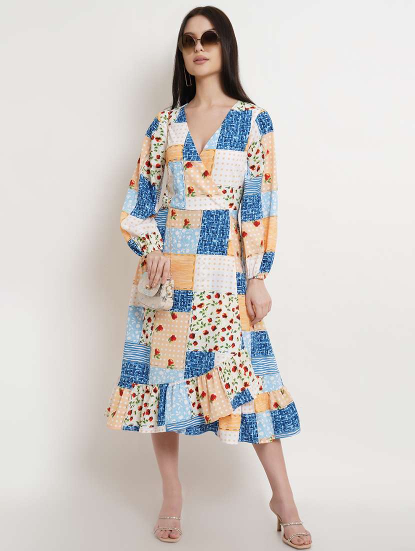 women printed puff sleeves wrap dress - 21725901 -  Zoom Image - 0