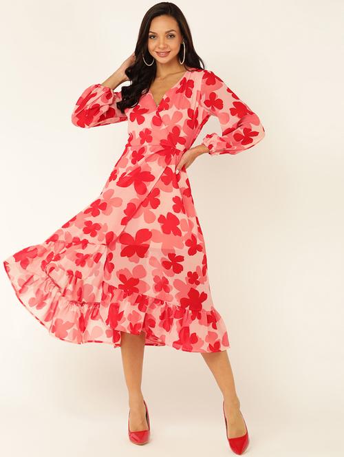 women floral print puff sleeves wrap dress - 21725903 - Standard Image - 0