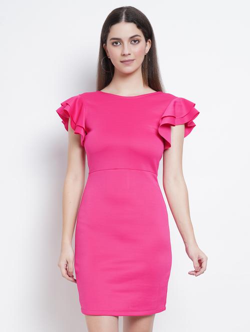 women solid ruffle sleeves bodycon dress - 21725910 - Standard Image - 0