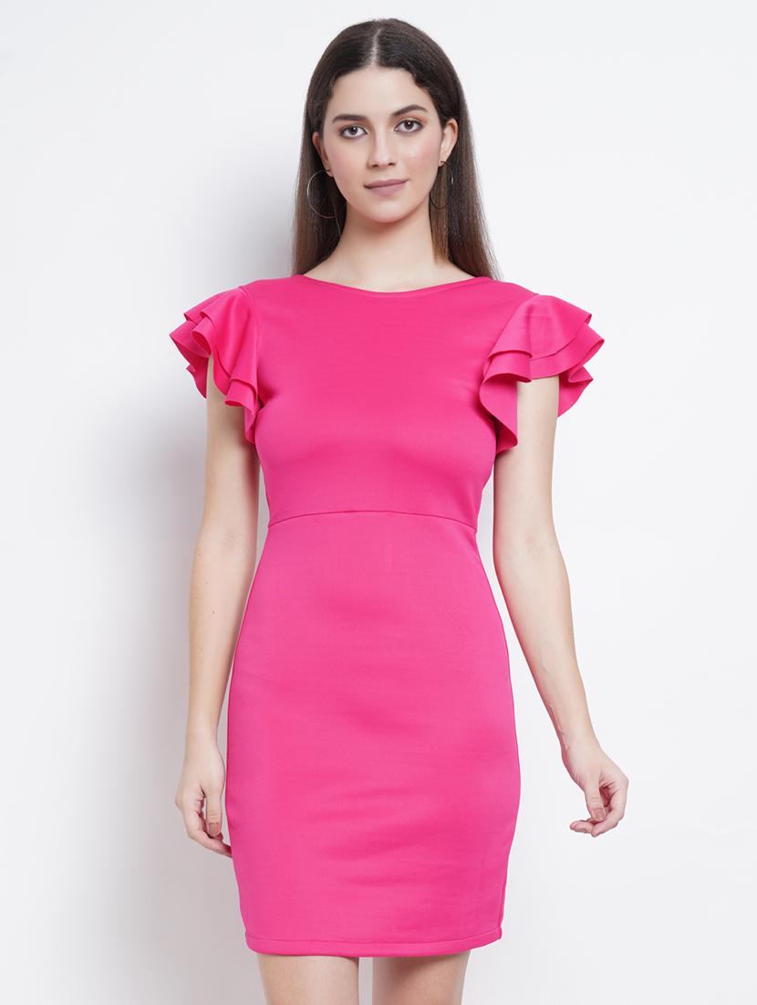 women solid ruffle sleeves bodycon dress - 21725910 - Zoom Image - 0