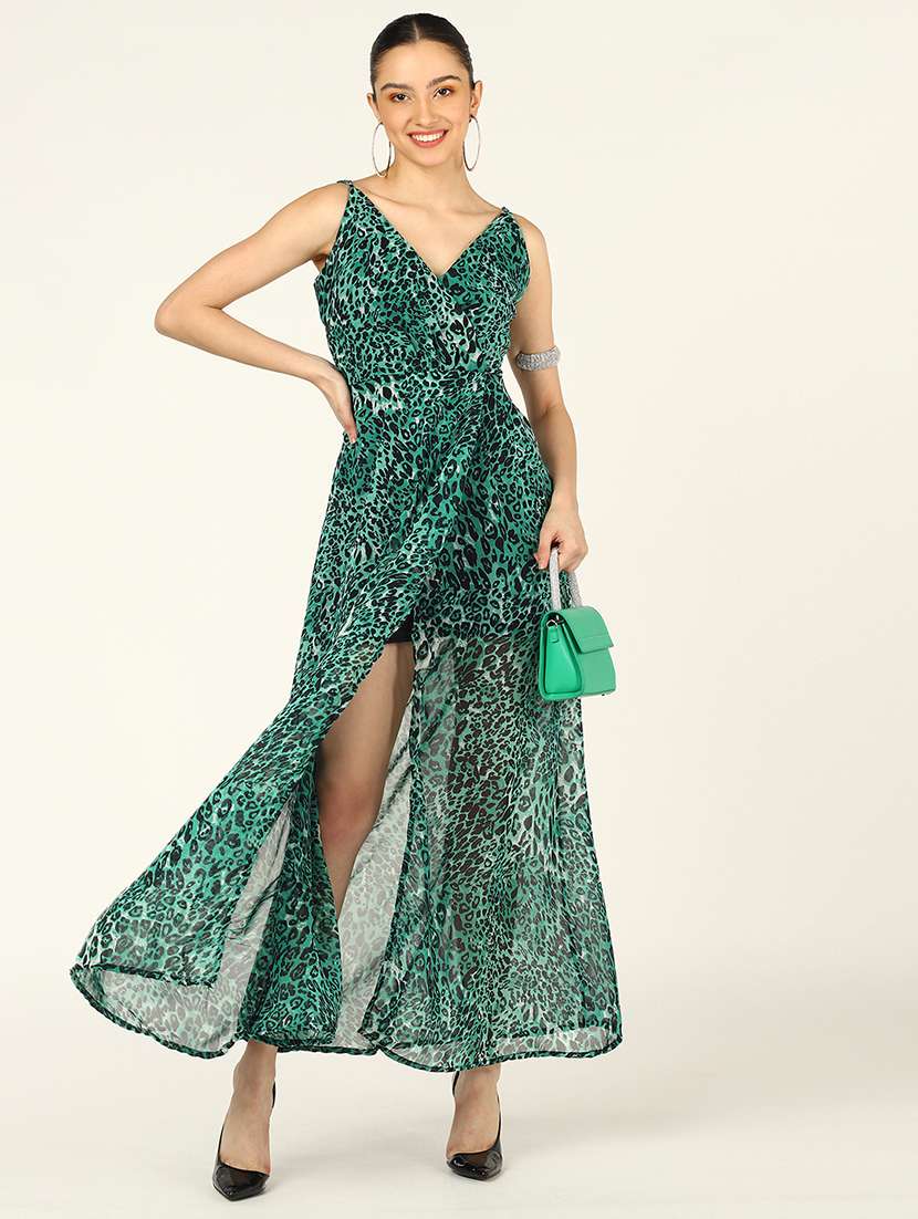 women animal print sleeveless a-line dress with high slit