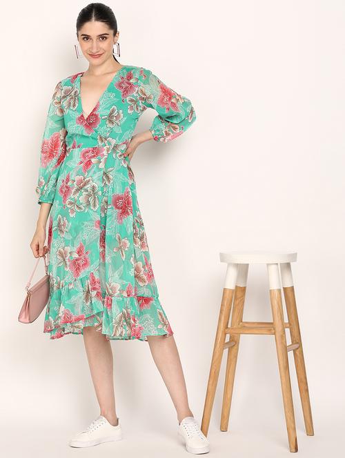 women floral print puff sleeves wrap dress - 21725921 - Standard Image - 0