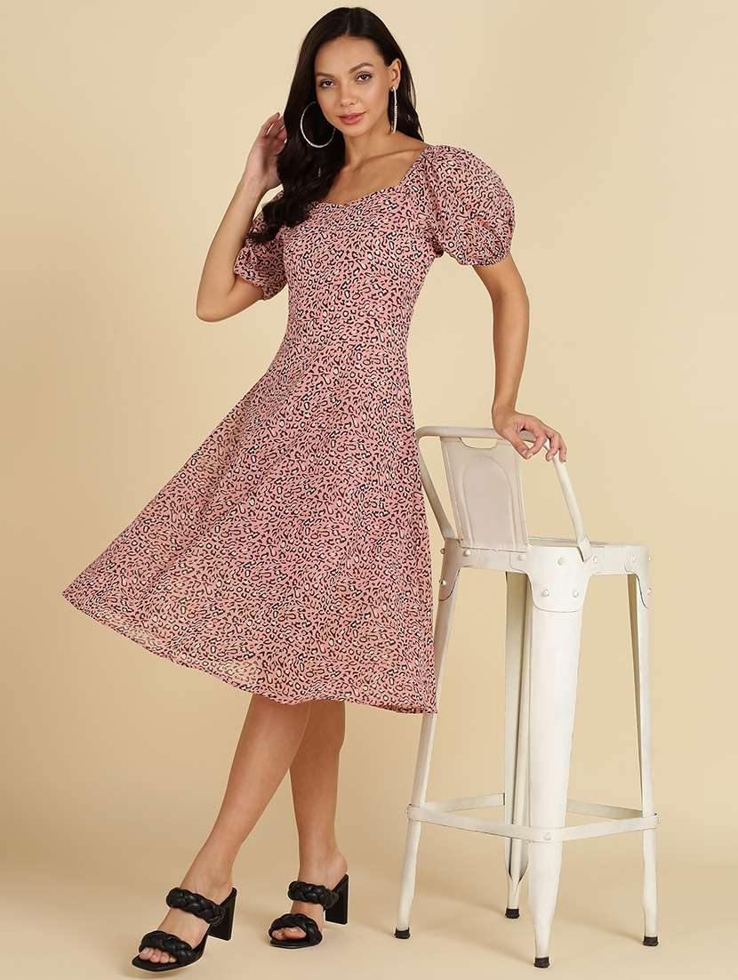 women animal print puff sleeves a-line dress