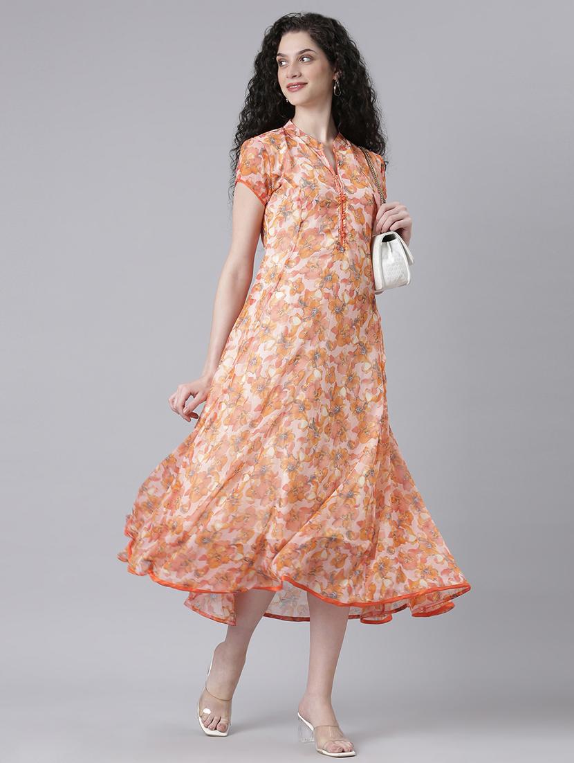 women floral print mandarin neck fit & flared dress - 21727984 - Standard Image - 2