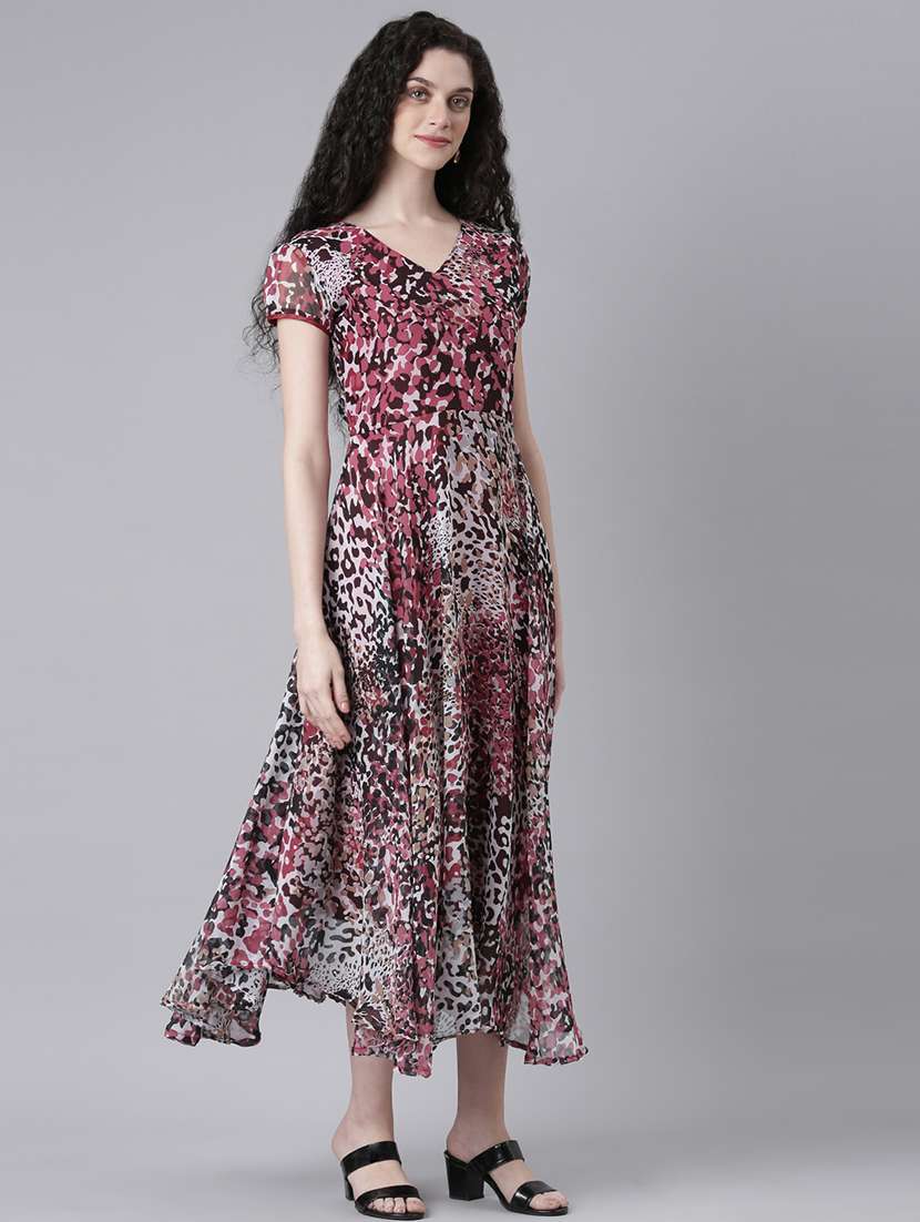 women printed short sleeves fit & flared dress - 21727985 - Standard Image - 2