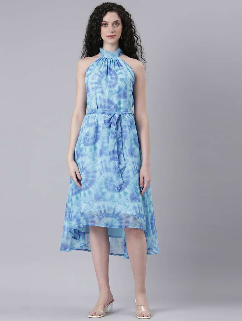 women printed halter neck high low dress
