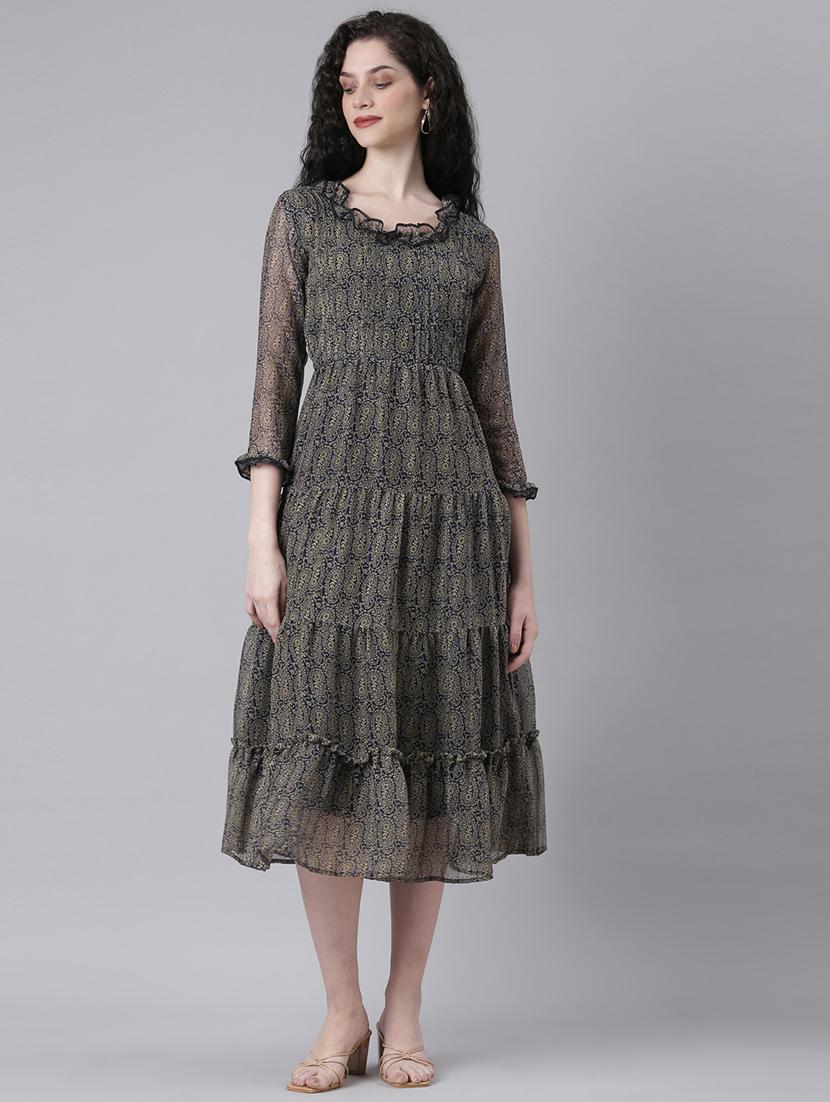 women printed round neck tiered dress - 21727989 - Zoom Image - 0