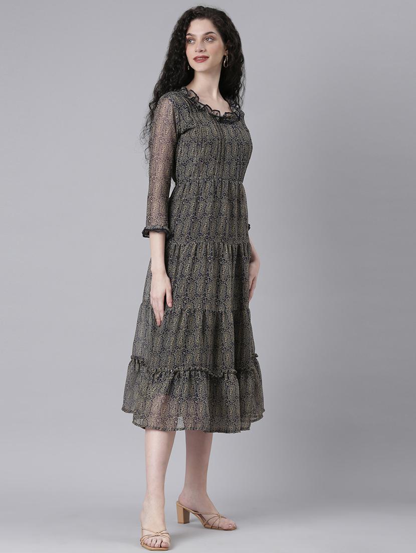 women printed round neck tiered dress - 21727989 - Standard Image - 2
