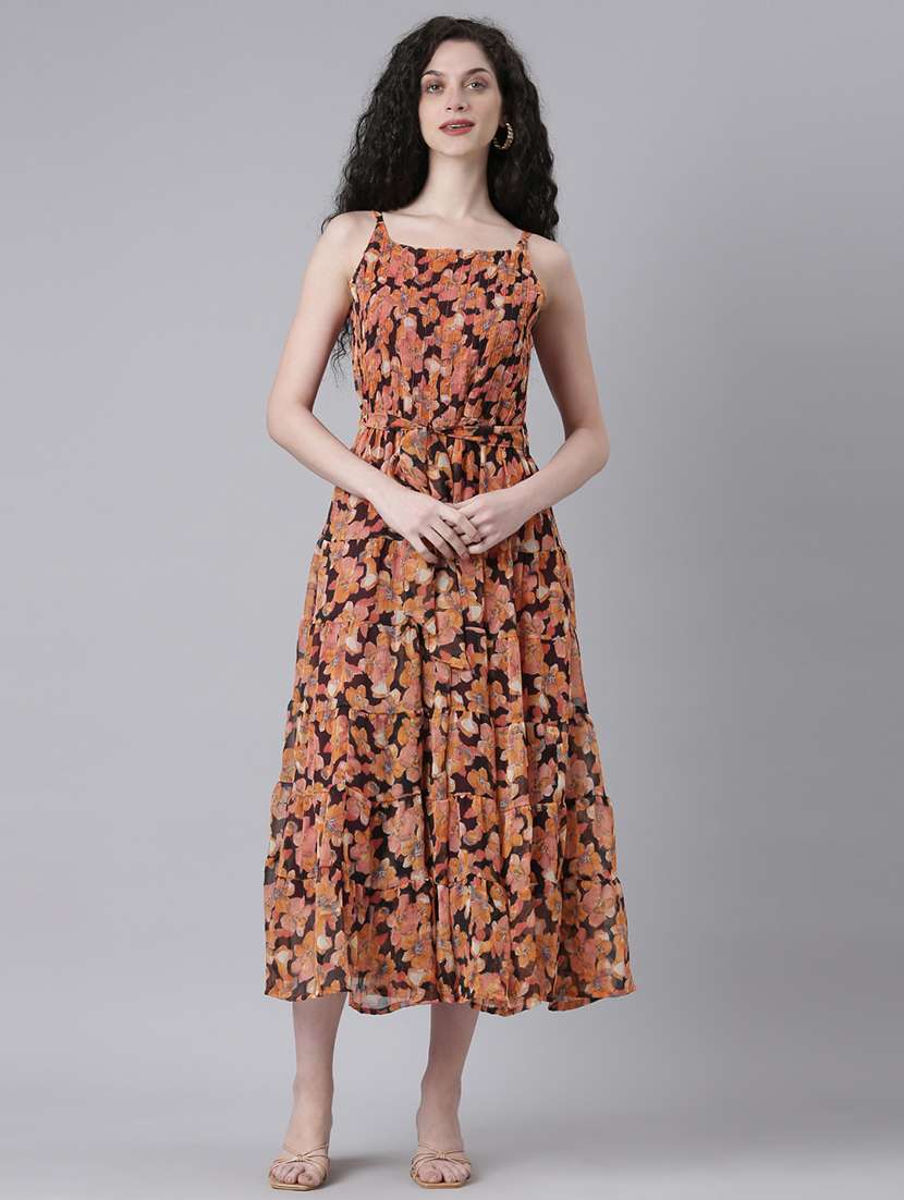 women printed shoulder strap tiered dress