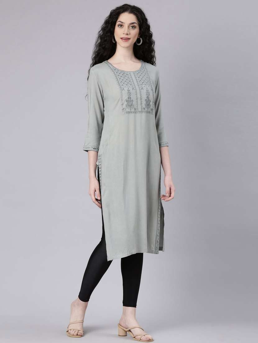 women grey three quarter sleeve straight kurta - 21728028 -  Standard Image - 2