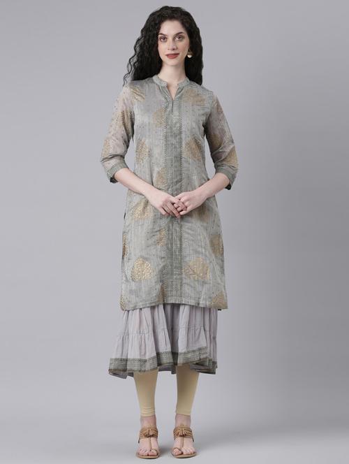 women grey printed three quarter sleeve layered kurta - 21728030 - Standard Image - 0