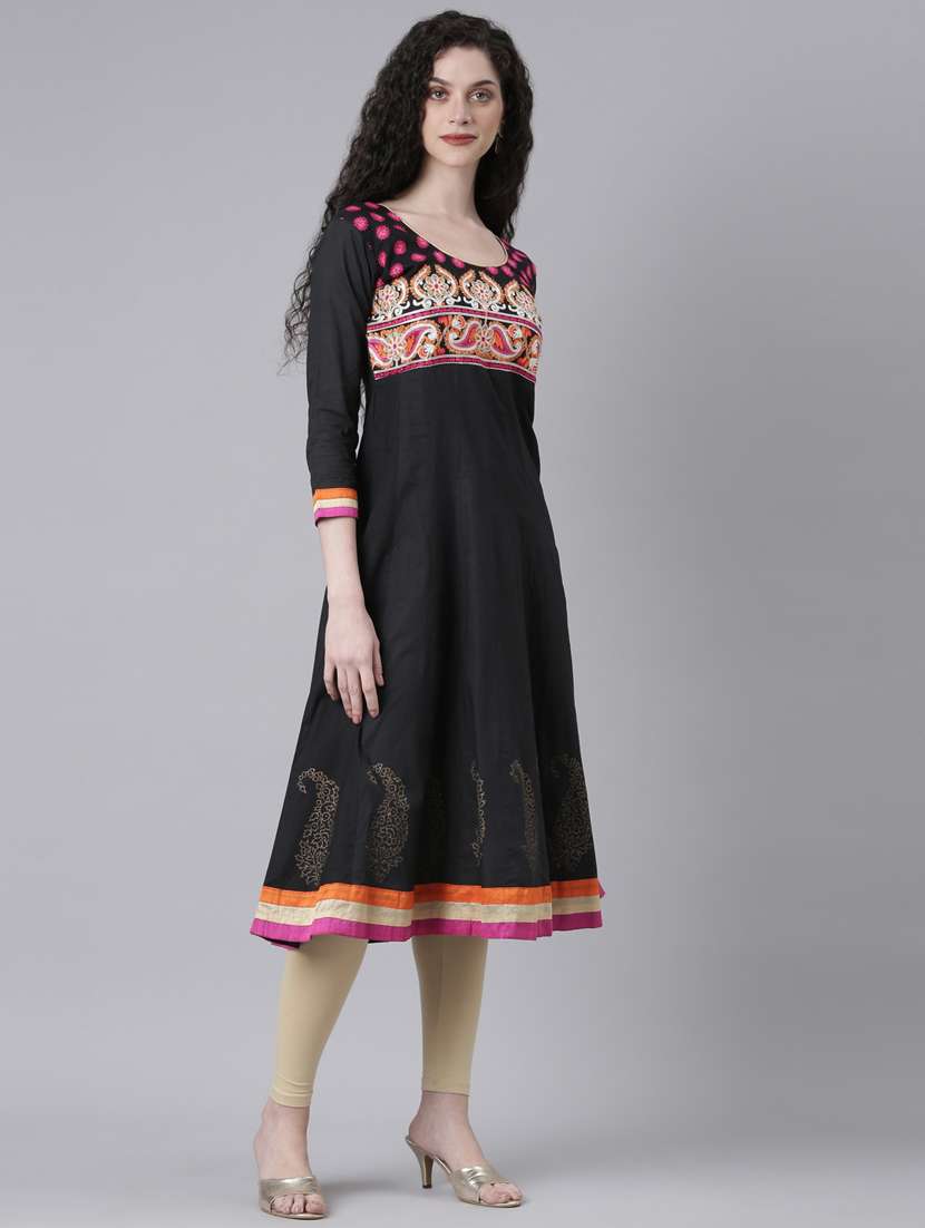 women black embroidered round neck anarkali kurta - 21728031 -  Standard Image - 2