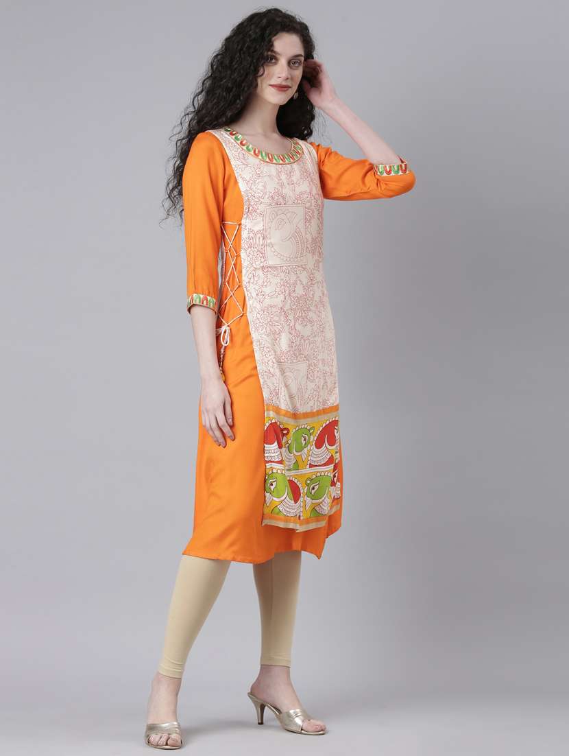women orange printed three quarter sleeve layered kurta - 21728032 -  Standard Image - 2