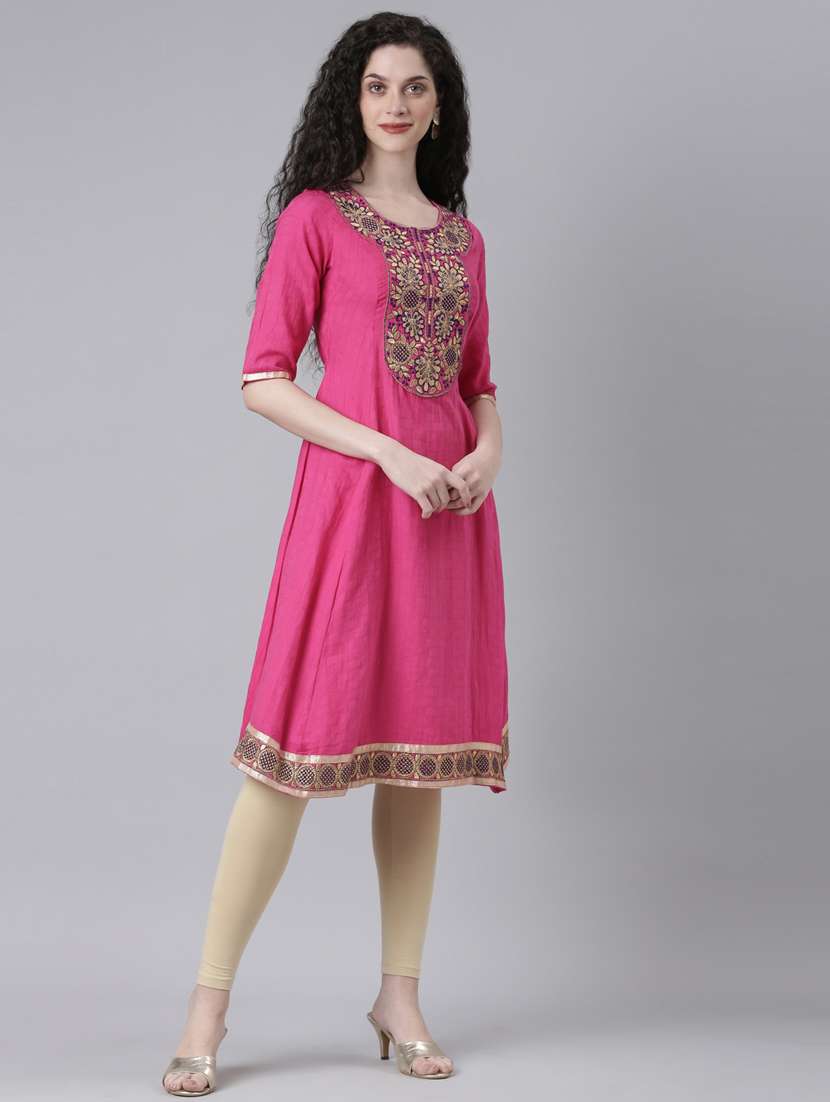 women pink embroidered round neck a-line kurta - 21728033 -  Standard Image - 2