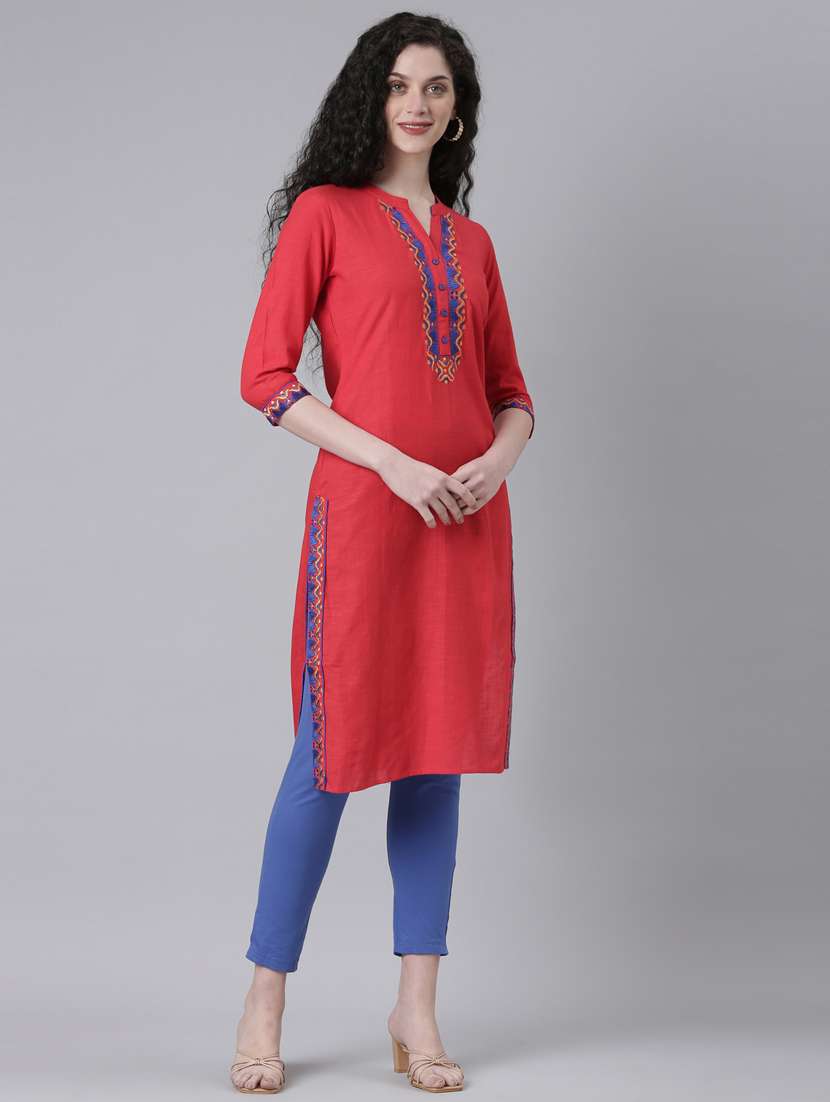 women red three quarter sleeve straight kurta - 21728035 -  Standard Image - 2
