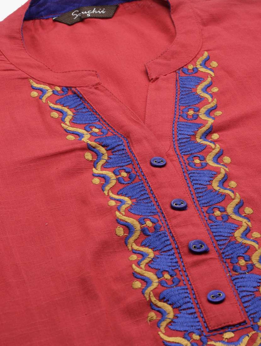 women red three quarter sleeve straight kurta - 21728035 -  Standard Image - 7