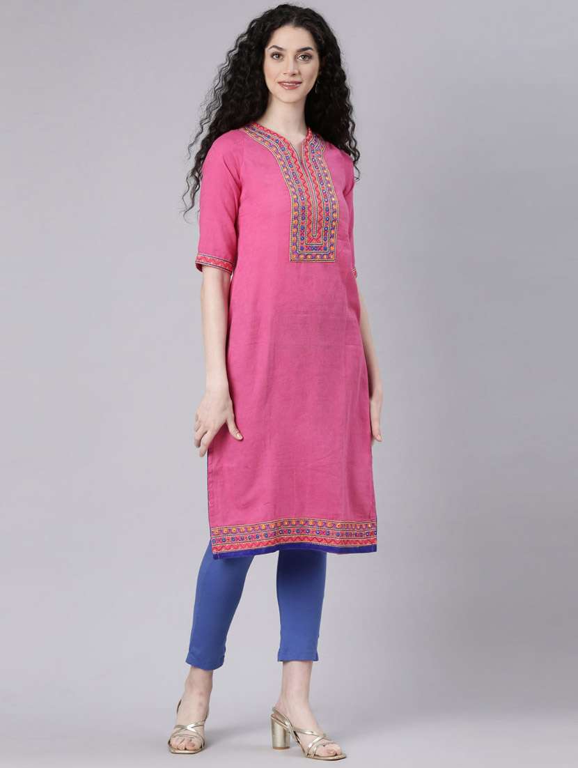 women pink three quarter sleeve straight kurta - 21728036 -  Standard Image - 2