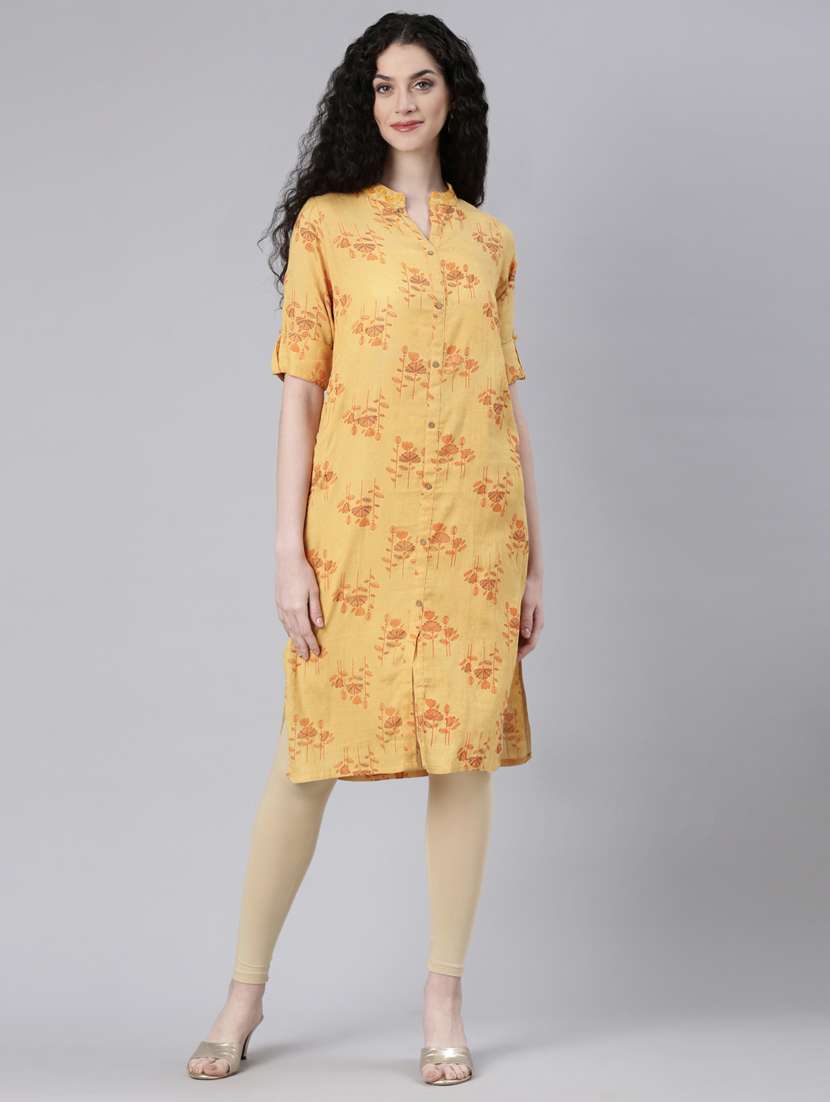 women yellow floral roll up sleeve straight kurta