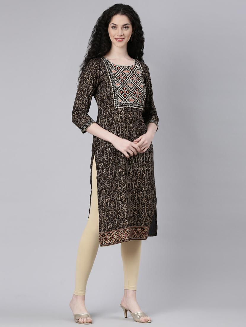 women black three quarter sleeve straight kurta - 21728038 - Standard Image - 2