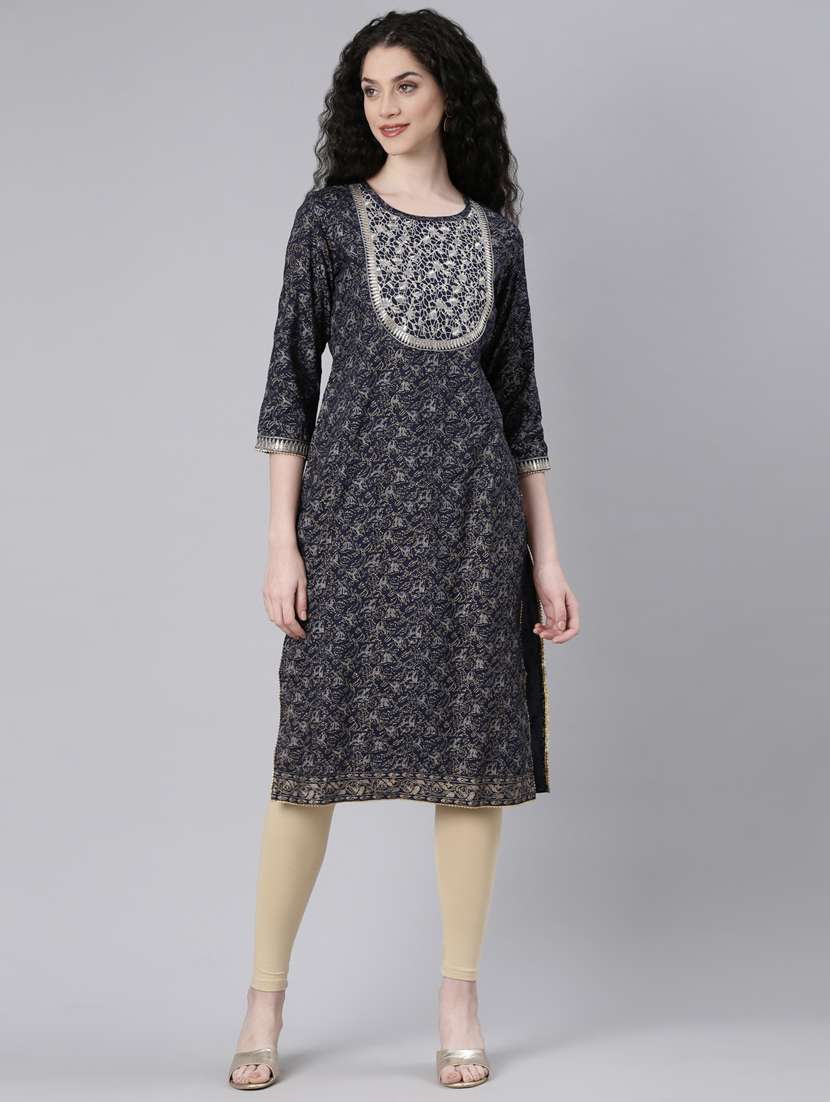 women embroidered three quarter sleeve straight kurta