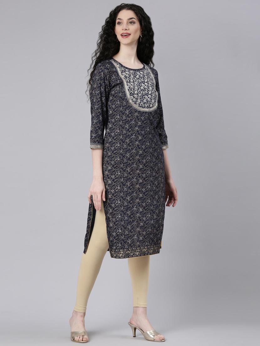 women embroidered three quarter sleeve straight kurta - 21728039 - Standard Image - 2