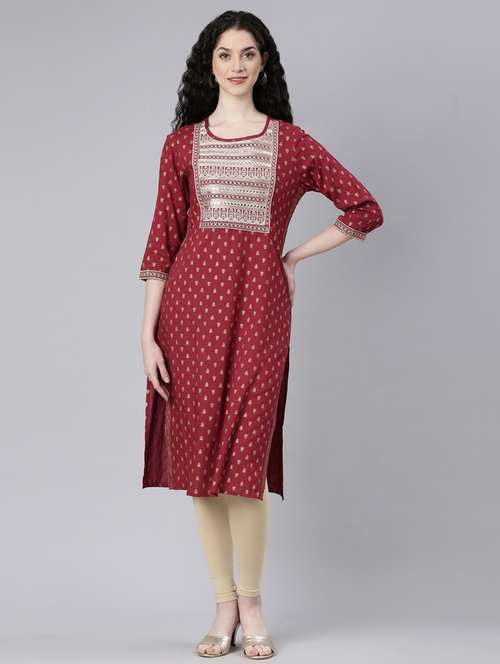 women maroon three quarter sleeve straight kurta - 21728040 -  Standard Image - 0
