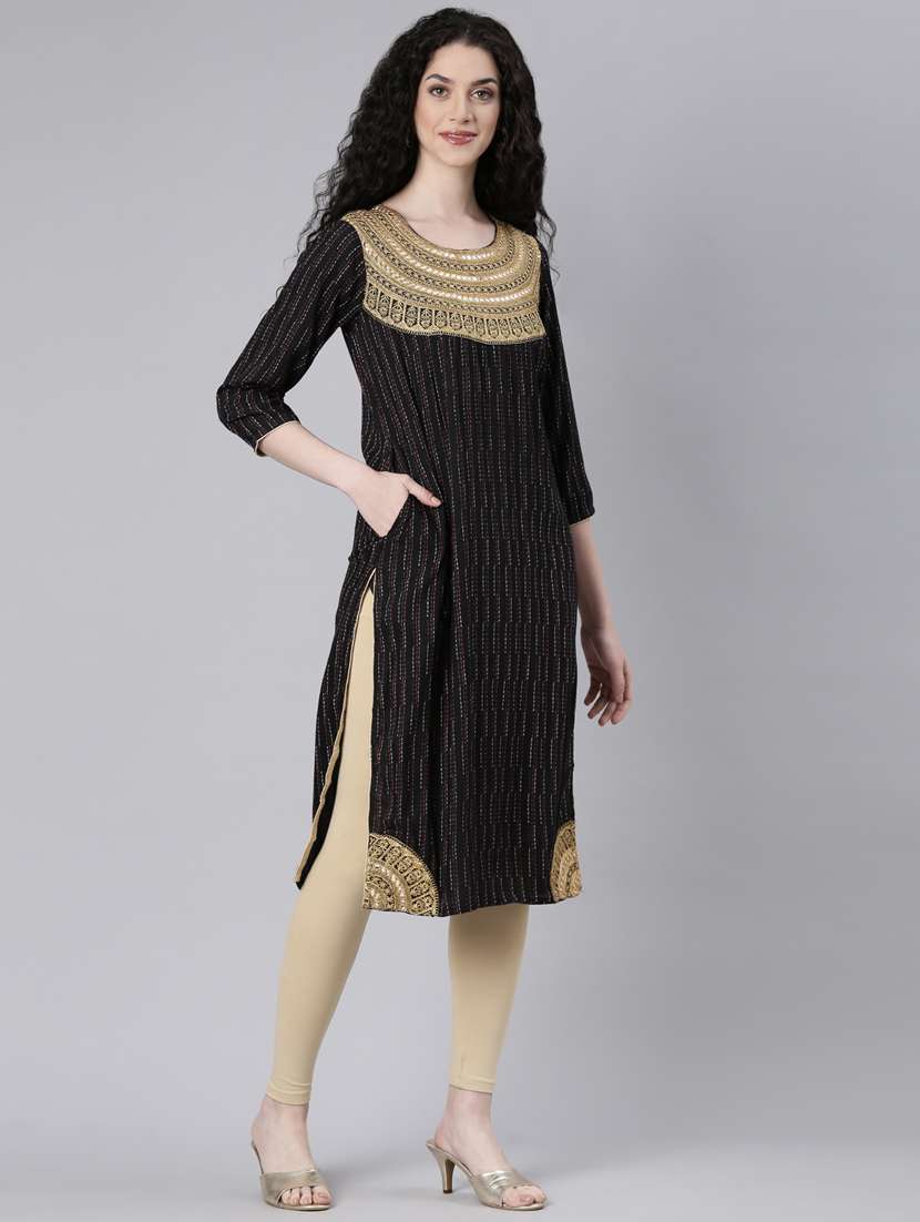 women black three quarter sleeve straight kurta - 21728041 -  Standard Image - 2
