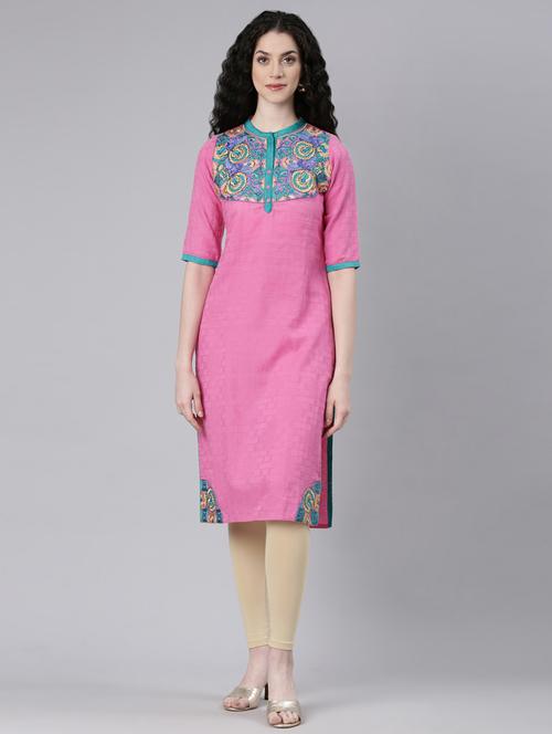 women pink embroidered three quarter sleeve straight kurta - 21728042 - Standard Image - 0