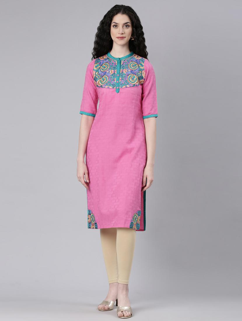 women pink embroidered three quarter sleeve straight kurta - 21728042 - Zoom Image - 0