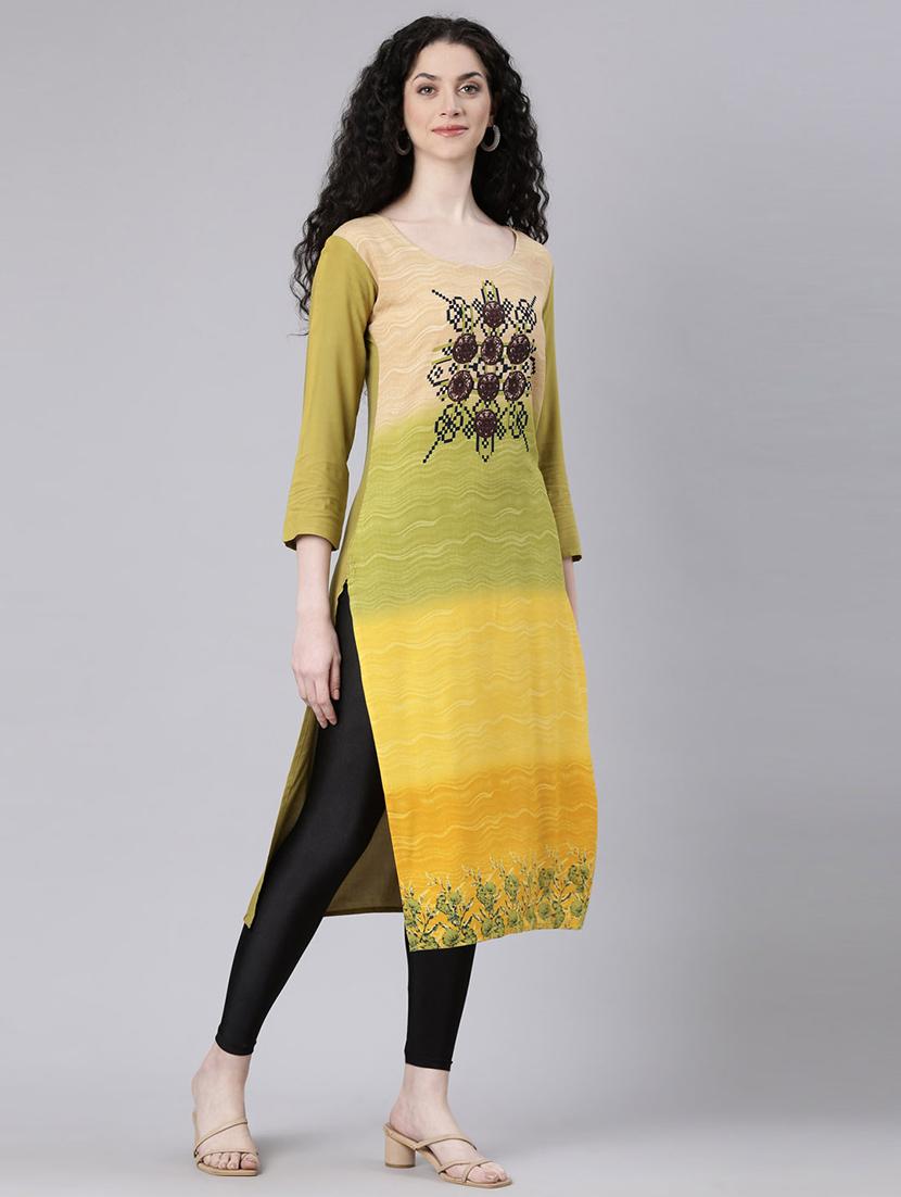 women abstract printed three quarter sleeve straight kurta - 21728045 - Standard Image - 2
