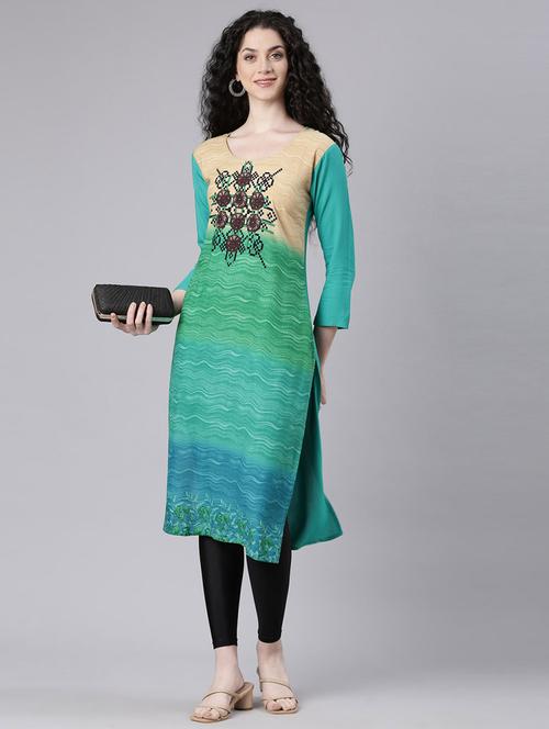 women abstract printed three quarter sleeve straight kurta - 21728046 - Standard Image - 0