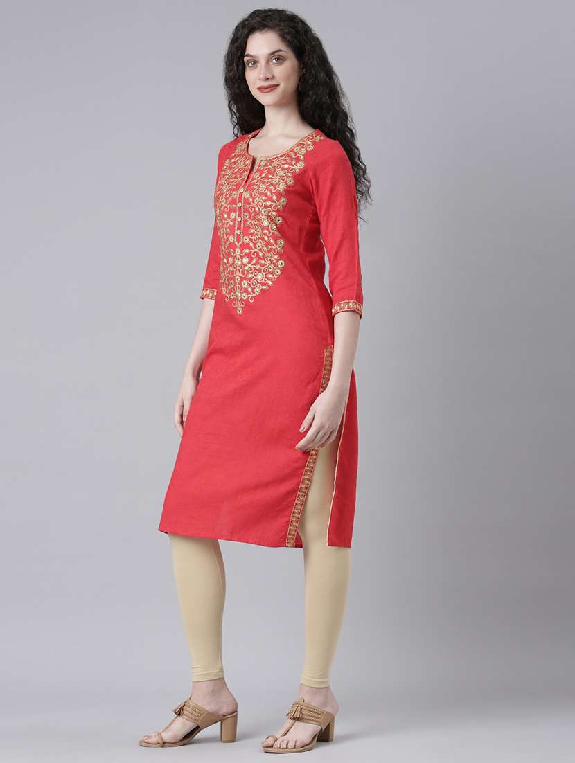women embroidered three quarter sleeve straight kurta - 21728047 - Standard Image - 2
