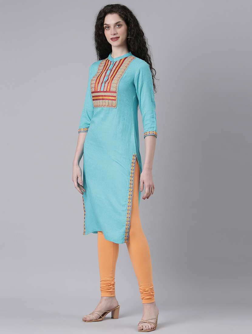 women embroidered three quarter sleeve straight kurta - 21728048 -  Standard Image - 2