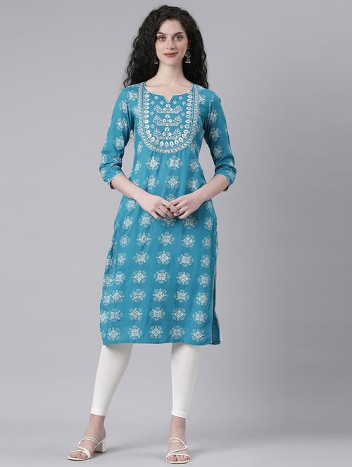 women printed three quarter sleeve straight kurta - 21728049 - Standard Image - 0