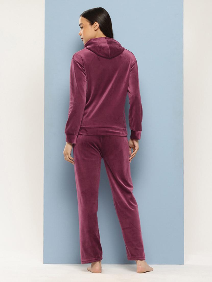 women solid hooded nightwear pyjama set - 21728119 - Standard Image - 2