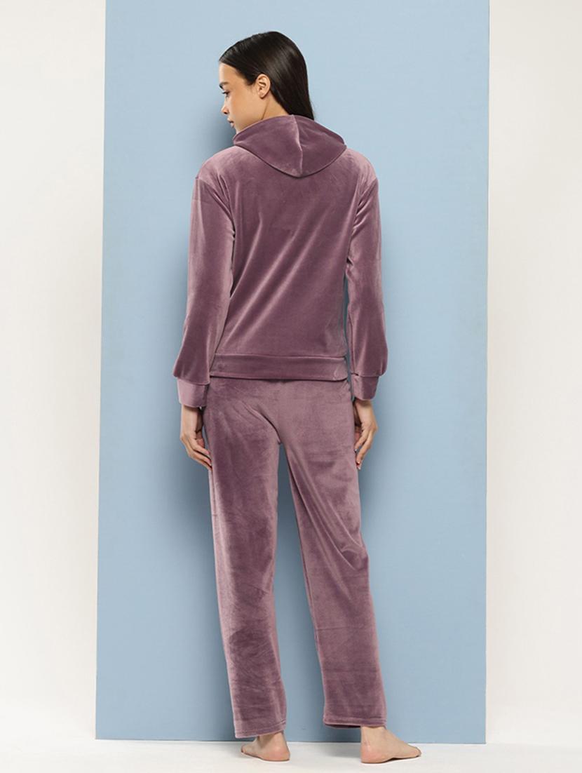 women solid hooded nightwear pyjama set - 21728122 - Standard Image - 2