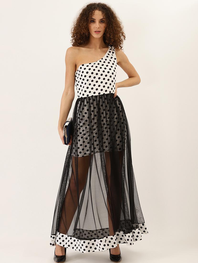 women polka doted single shoulder flared dress - 21728172 - Zoom Image - 0