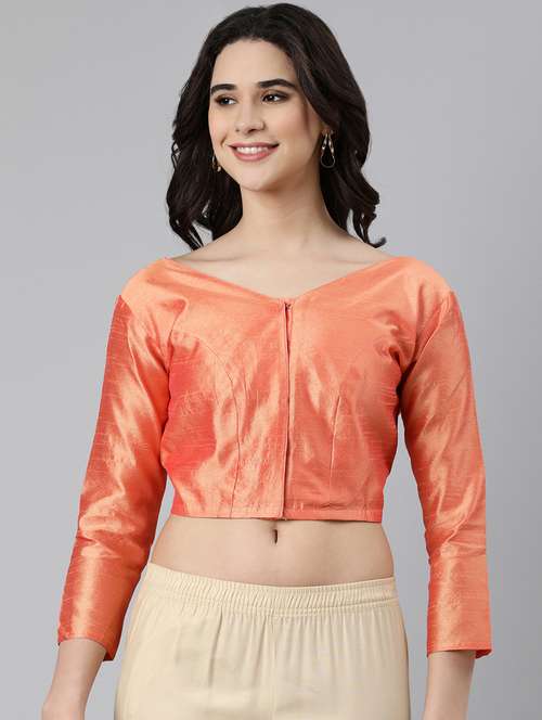 women peach solid v neck stitched blouse - 21728232 -  Standard Image - 0