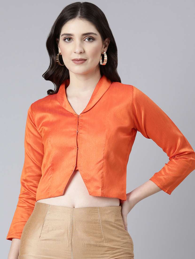 women orange solid lapel neck stitched blouse