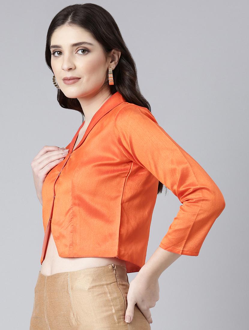 women orange solid lapel neck stitched blouse - 21728233 - Standard Image - 2