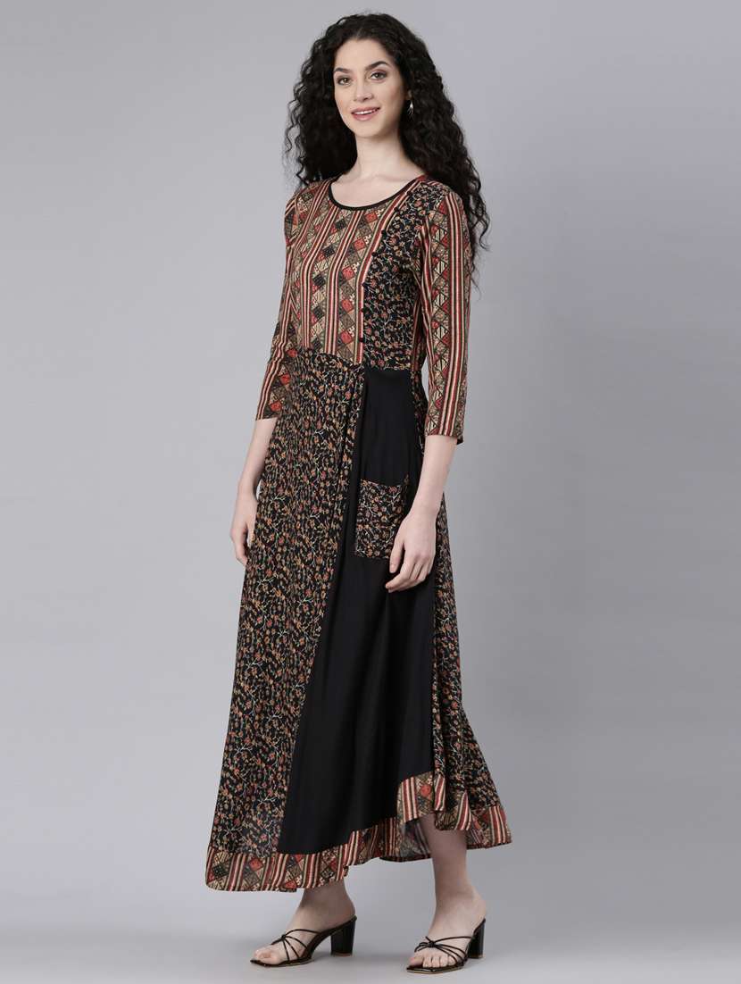 women black printed three qurater sleeve ethnic dress - 21728253 -  Standard Image - 2