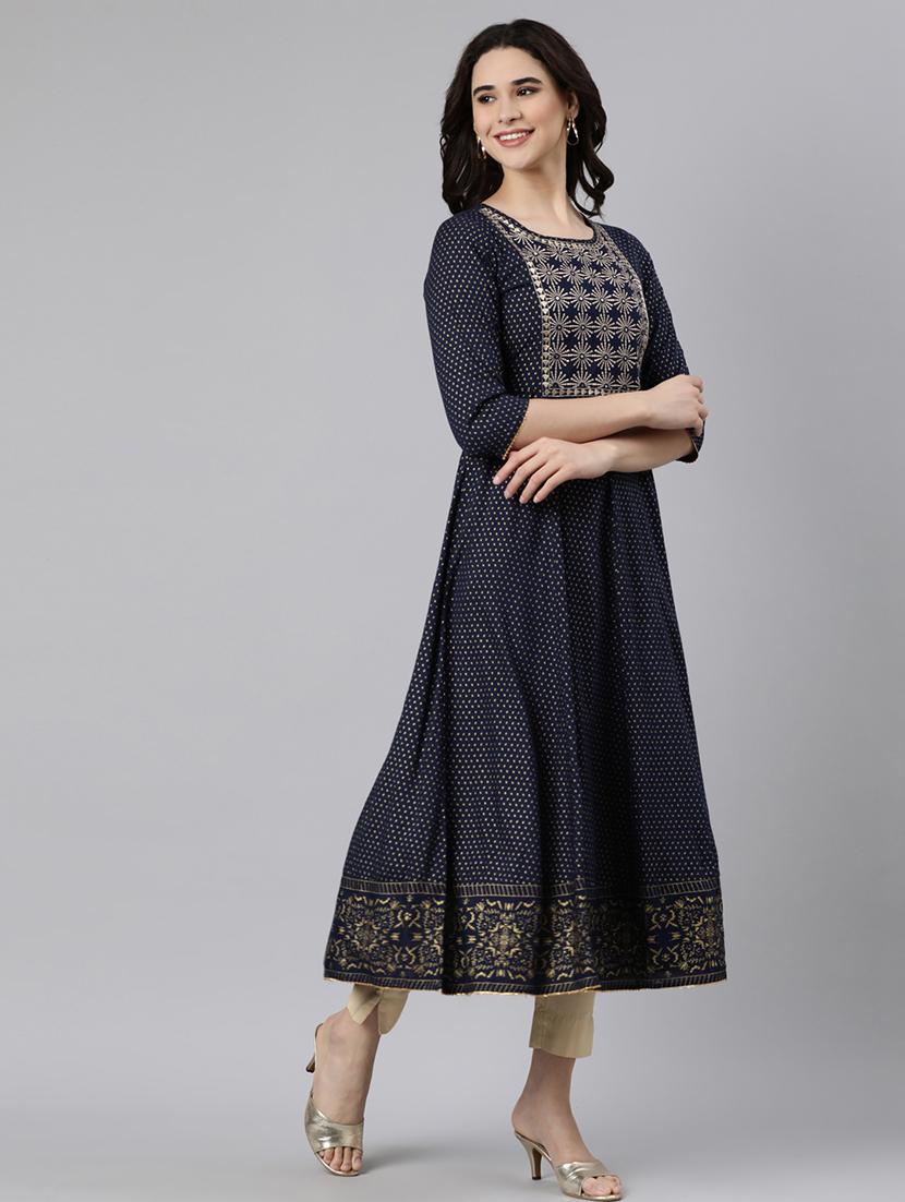 women navy blue printed round neck flared kurta - 21728260 - Standard Image - 2