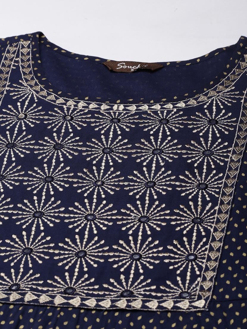 women navy blue printed round neck flared kurta - 21728260 - Standard Image - 7