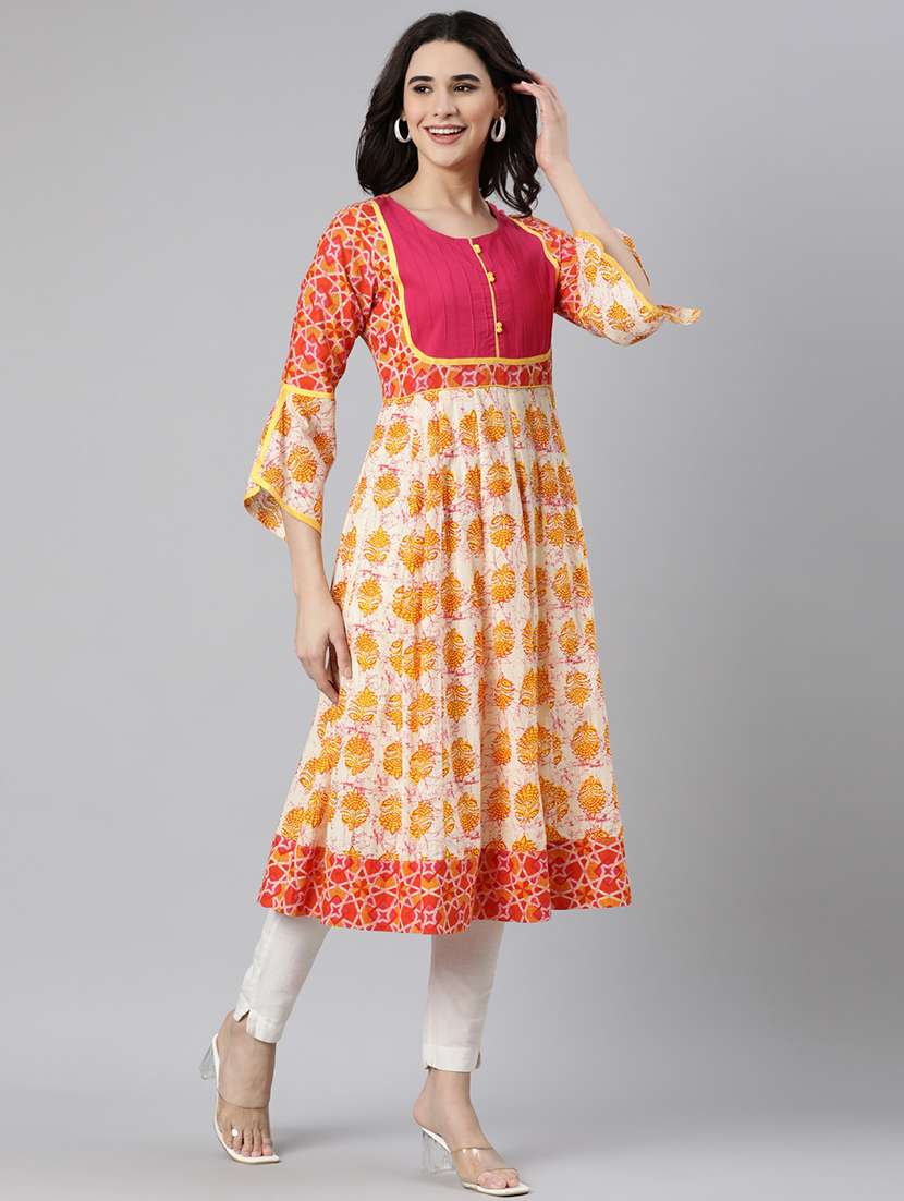 women off-white printed round neck flared kurta - 21728261 -  Standard Image - 2