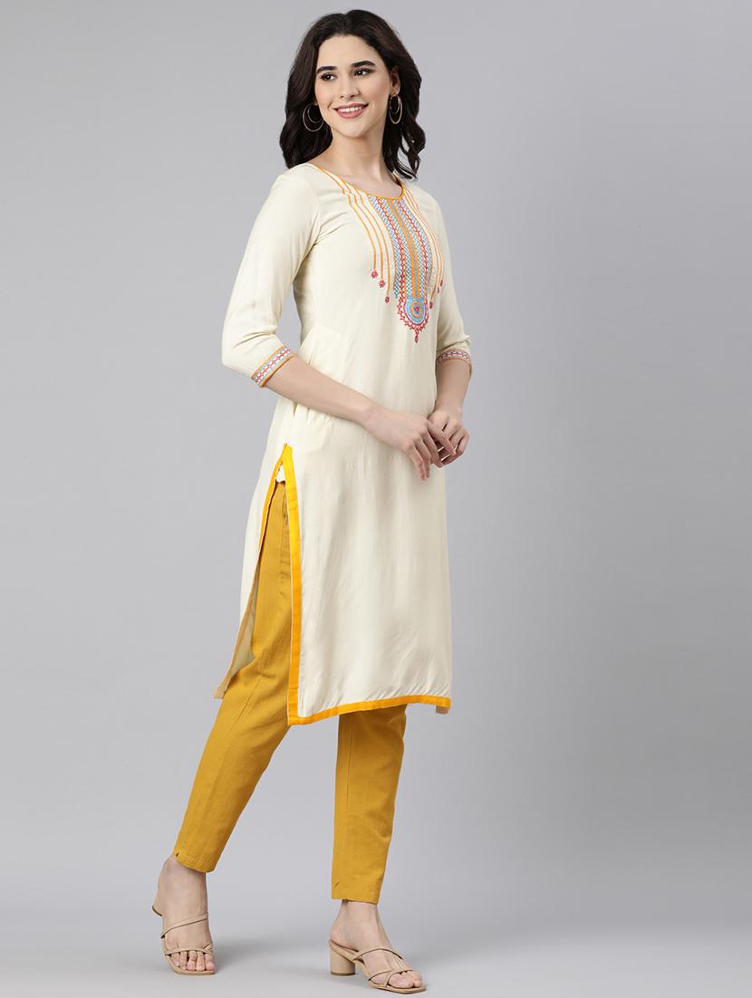 women embroidered three quarter sleeve straight kurta - 21728267 - Standard Image - 2
