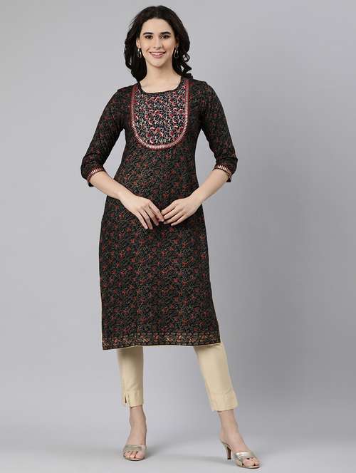 women printed three quarter sleeve straight kurta - 21728270 - Standard Image - 0