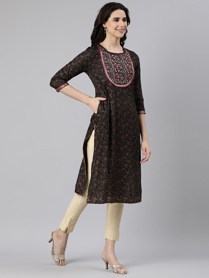 women printed three quarter sleeve straight kurta - 21728270 - Standard Image - 2